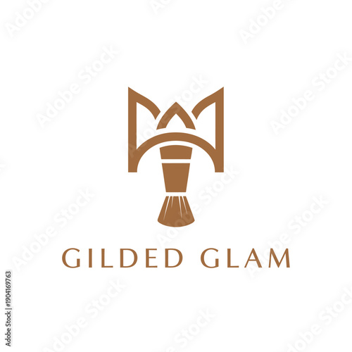 Elegant makeup brush within a stylized crown icon logo for professional beauty salons or cosmetic brands featuring Gilded Glam