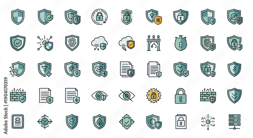 Fototapeta premium Cyber Security Icons: Shield, Lock, Cloud, Fingerprint, Data Protection