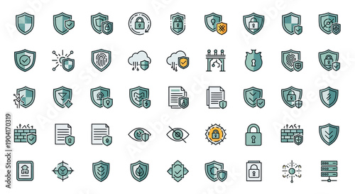 Cyber Security Icons: Shield, Lock, Cloud, Fingerprint, Data Protection