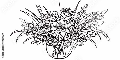 A detailed black and white illustration of a lush floral bouquet arrangement