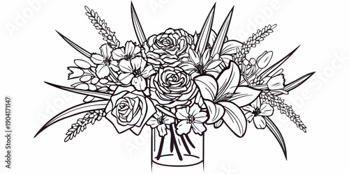 A detailed sketch of a floral arrangement in a vase