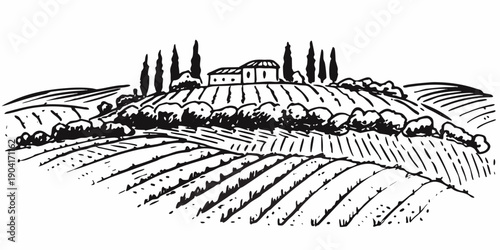 A serene hilltop landscape with a house amongst trees and rolling fields