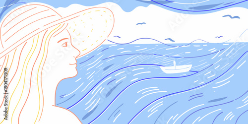 Woman gazing at the ocean view with a small sailboat in sight