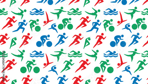A colorful pattern of various sports icons on a white background