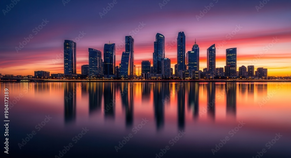 Fototapeta premium A vibrant cityscape at sunset with towering buildings reflected in calm water under a colorful sky
