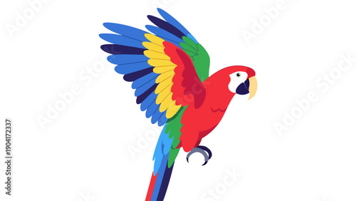 Stylized illustration of a colorful macaw parrot with wings spread against a white background