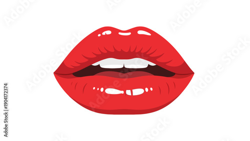 Stylized illustration of bright red glossy lips slightly open showing top and bottom teeth
