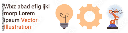 Innovation, technology, automation, industrial design, engineering, creativity. Light bulb, gear robotic arm on display. Innovation and technology illustrated with symbolic objects