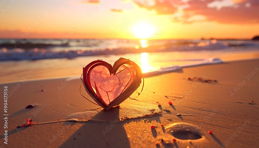 Fototapeta premium A heart-shaped object sits on a sandy beach. The sunset paints the sky with warm colors. The ocean softly breaks, creating a serene ambiance