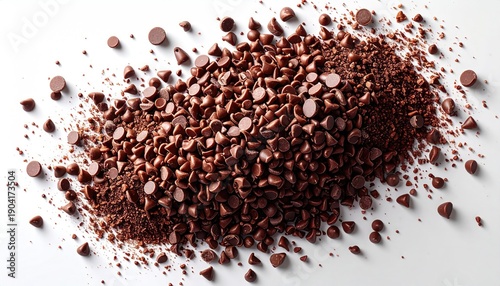 Close-up of a pile of chocolate chips and crumbs on a white surface