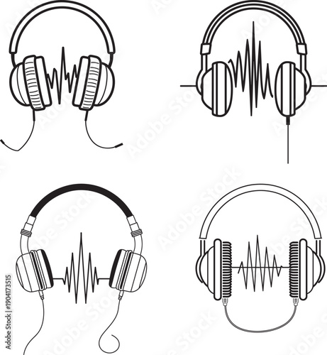 Set of four headphones with sound waves, listening devices, audio equipment, music accessories, personal sound, line art