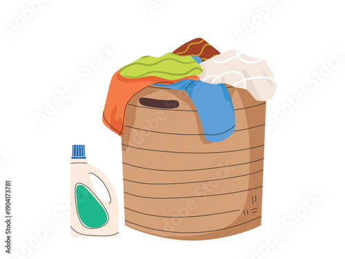 Basket with dirty clothes and detergent, laundry and household chores