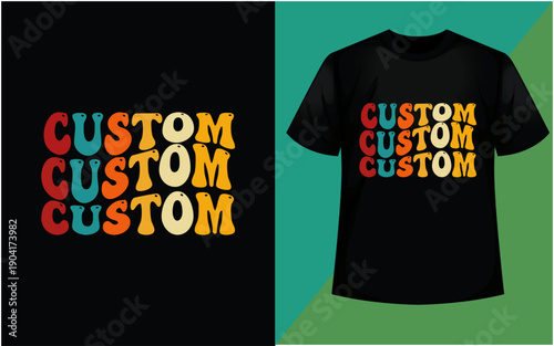 Customizable black t-shirt featuring bold rainbow-colored repeated text design