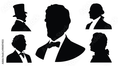 Collection of black silhouette designs featuring historical figures in formal attire on white background