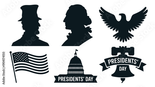 Presidents' day vector illustration set featuring silhouettes of george washington and abraham lincoln american flag eagle and capitol building on white background for patriotic designs