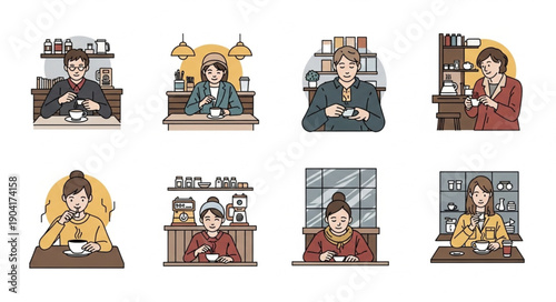 People enjoying hot beverages in cozy settings illustration set.