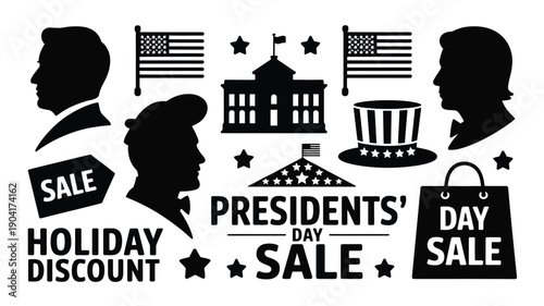 Presidents' day sale vector graphics with silhouettes flags and shopping icons
