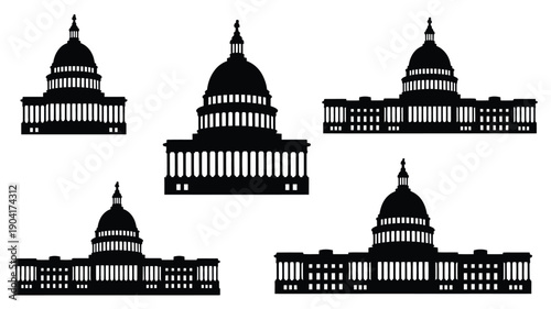 Set of black silhouettes of government buildings with domes on white background iconic architecture symbols