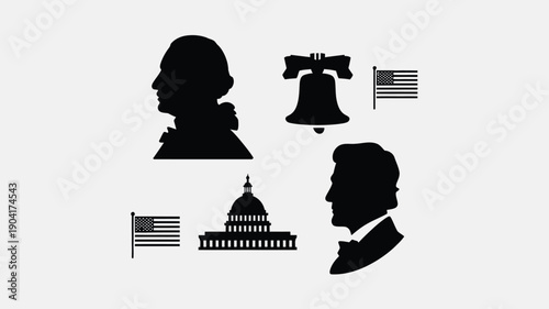 American patriotic symbols and icons including silhouettes of george washington and abraham lincoln with the us capitol building liberty bell and flags on a white background