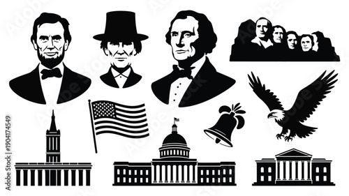 American symbols and icons vector illustration bundle featuring president portraits landmarks and national emblems
