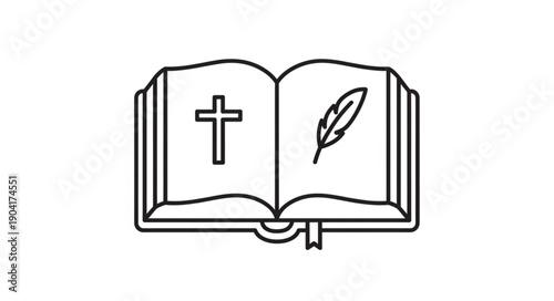 Open Bible with Christian Cross and Feather Symbol.