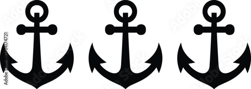 Black anchor icons set isolated on white background, nautical maritime symbol collection for logo, tattoo, navy, sailing design use branding
