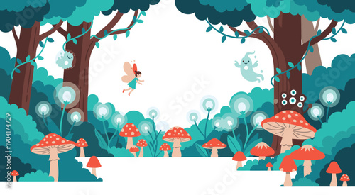 A whimsical forest scene with magical mushrooms and a flying fairy