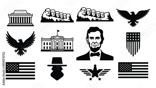 Vector illustration set of iconic american symbols and symbols of usa patriotism and government including eagle flags mount rushmore the white house and abraham lincoln with a patriotic