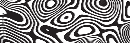 Black and white hallucination. Optical illusion. Twisted illustration. Abstract futuristic background of stripes. Dynamic wave. Vector.
