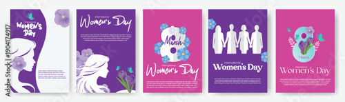 8 March Women’s Day A4 Print Ready Flyer Poster Design Bundle Including Greeting Cards Leaflet Brochure Templates and Floral Women Silhouette Vector Backgrounds Collection