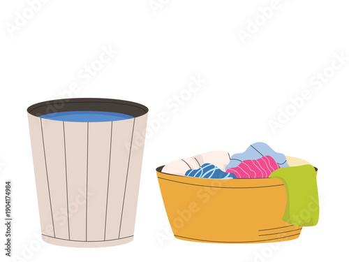 Water barrel and laundry basket with dirty clothes