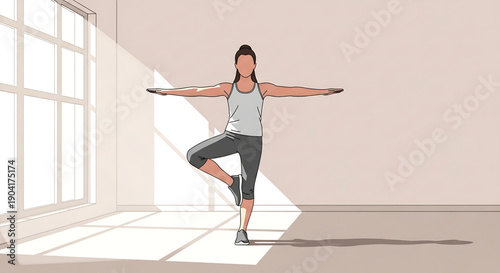 Illustrative depiction of a serene woman cultivating physical strength and mental clarity through a focused yoga practice, achieving perfect balance for enhanced wellbeing in a tranquil room