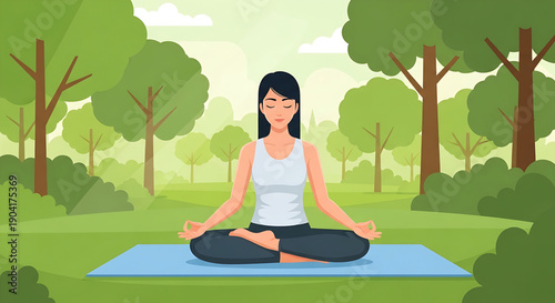 Serene woman practicing meditation in a tranquil green park, surrounded by lush trees and vibrant nature