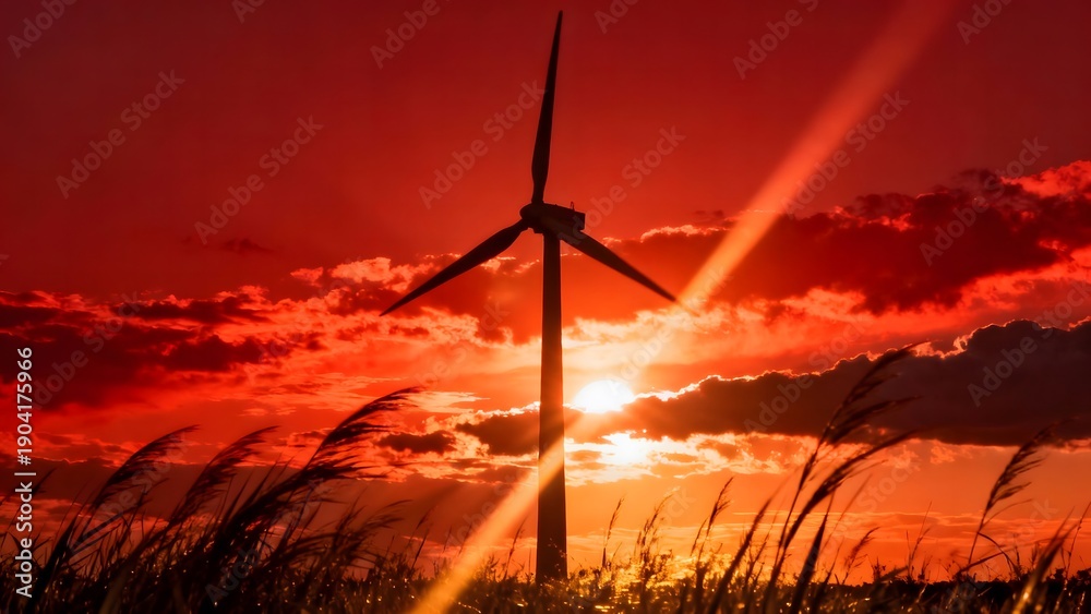 Obraz premium Wind Turbine Silhouette Against a Dramatic Red Sunset Sky in a Grassy Field