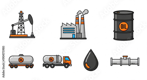 Oil industry icons set showing extraction and transport.