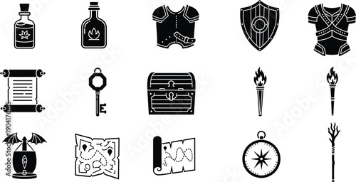 A comprehensive collection of black and white fantasy role-playing game icons and assets.