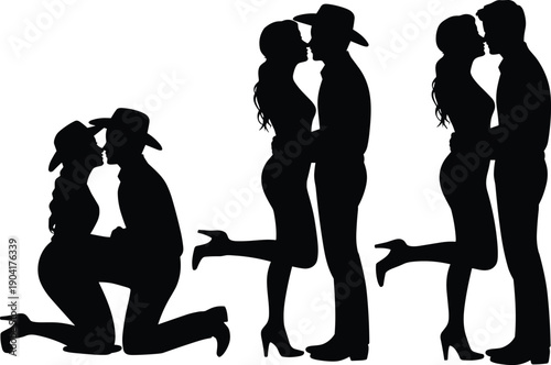 Romantic couple silhouette kissing, love relationship poses, man and woman affection, cowboy hat romance illustration, black vector design