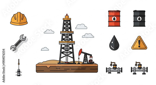 Oil rig and industry icons set illustration.