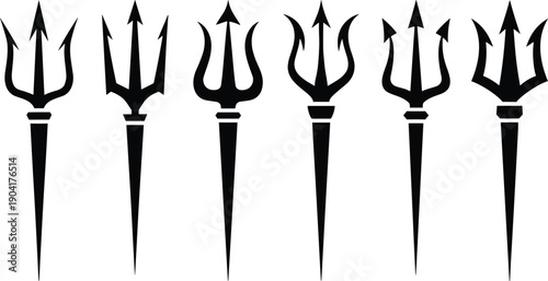 Trident spear icons set isolated on white background, mythological weapon symbols for Poseidon, Neptune, ocean, power, logo, tattoo design branding