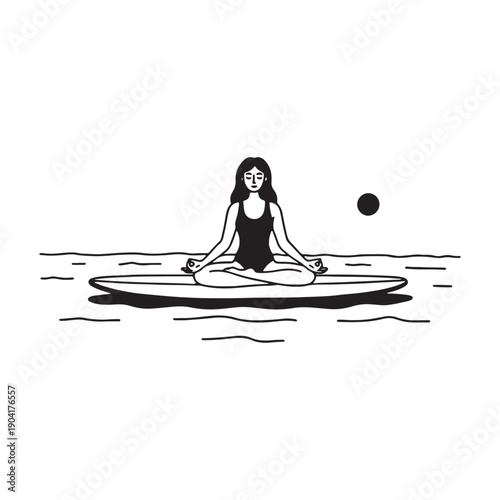 Woman Practicing Yoga and Meditation on Surfboard in Calm Ocean Waters.