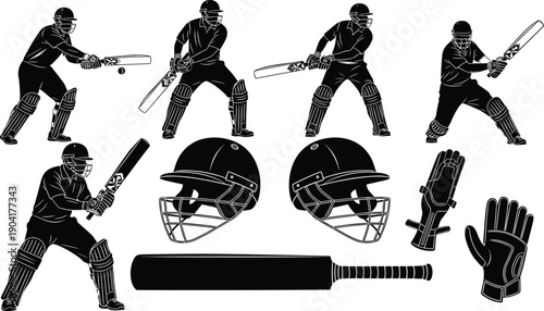 A large set of cricket player silhouettes featuring batsmen in various action stances with essential equipment like helmets bats and gloves for sports design.