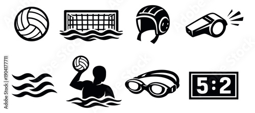 Modern water polo icon set featuring a ball, goal, cap, whistle, player, waves, goggles and scoreboard for sports design
