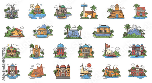 Exotic Landmarks Collection: Diverse Architectural Styles and Tropical Islands