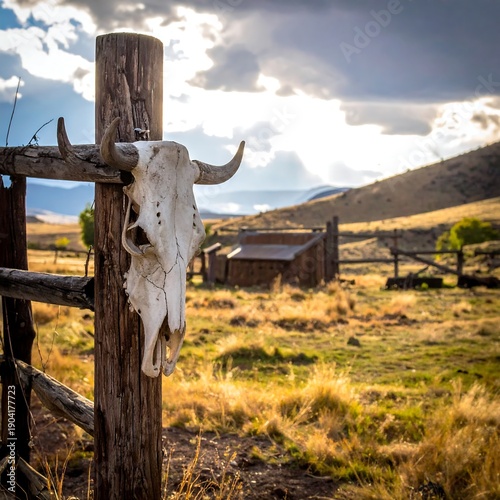 A weathered cattle skull is displayed on a rustic wooden fence post, with a blurred backdrop of grassy hills under a dramatic sky