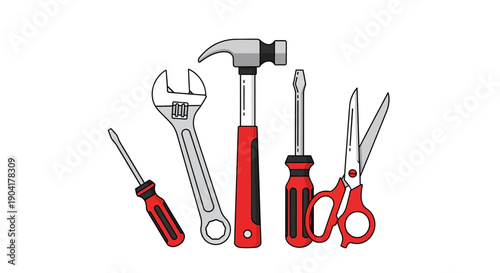 Illustration of an assortment of hand tools including a hammer adjustable wrench screwdrivers and scissors on a white background