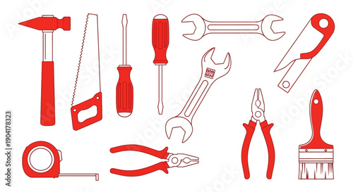 Red line art A collection of tools including hammer saw screwdrivers wrenches pliers paint brush and measuring tape on white
