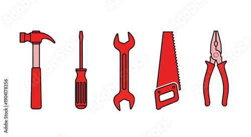 Five redoutlined tools hammer screwdriver wrench saw  pliers
