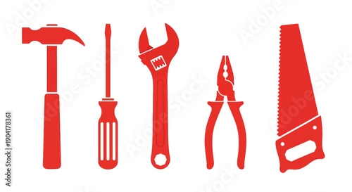 Red silhouette Hammer screwdriver wrench pliers and saw arranged horizontally