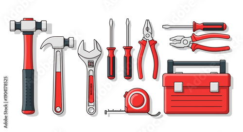 Tools arrayed hammer screwdrivers wrenches pliers tape measure toolbox