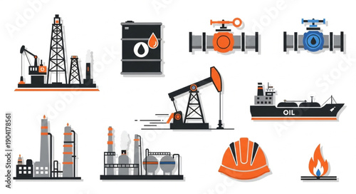 Oil industry equipment and facilities collection for energy production.